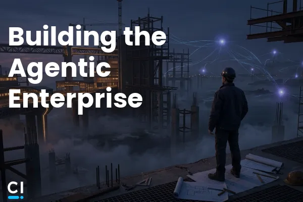 A lone architect in a hard hat stands on an unfinished concrete ledge, looking out over a vast, partially built industrial infrastructure emerging from thick fog. Blueprints and drafting tools are scattered on the ground at their feet. In the distance, towering skeletal steel frameworks rise into a twilight sky, interwoven with glowing blue nodes and luminous connecting lines that resemble a giant, pulsing nervous system. The scene features cinematic lighting, contrasting cool industrial blues and grays with warm amber glows from the completed sections of the structure.