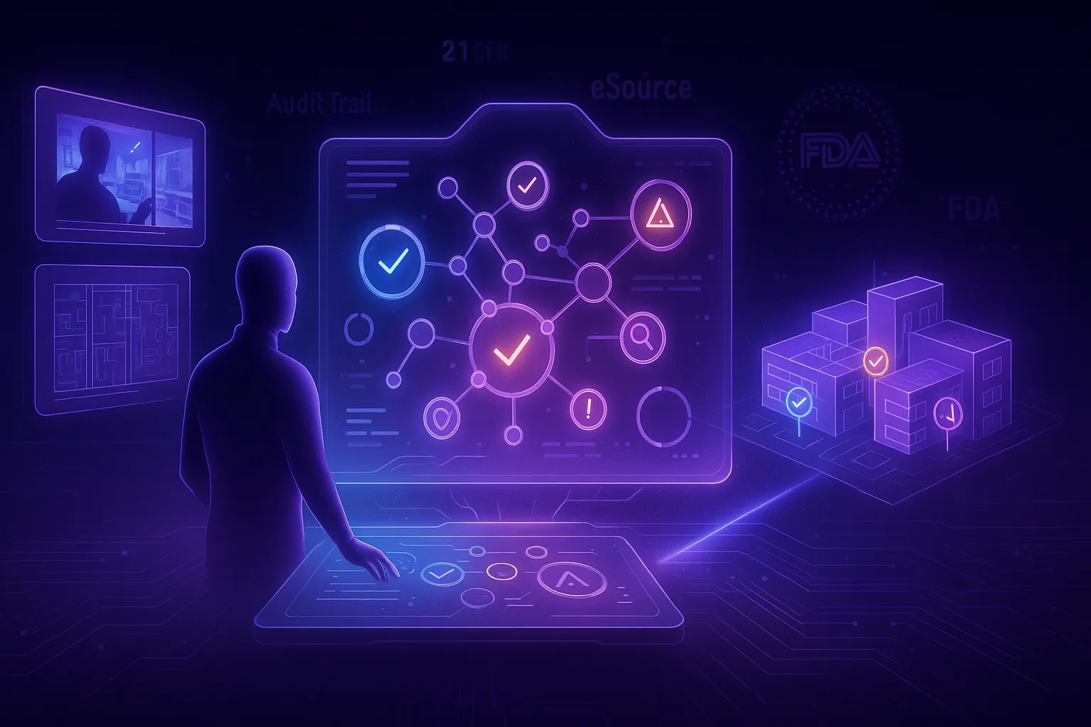 A futuristic digital inspection interface showcasing FDA remote oversight. At the center, a holographic compliance dashboard floats above a sleek control surface, displaying real-time alerts, approval icons, and inspection data. To the left, a silhouetted virtual inspector interacts with remote satellite feeds and lab blueprints. On the right, a glowing 3D model of a pharmaceutical facility is projected in soft purple, with inspection points marked by illuminated icons. The background features layered regulatory terms like “21 CFR” and “Audit Trail” subtly embedded in a dark, cybernetic environment, accented by CI Health’s neon purple, white, and warm orange lights. Thin digital beams and circuitry connect all visual elements, evoking precision, control, and digital compliance.