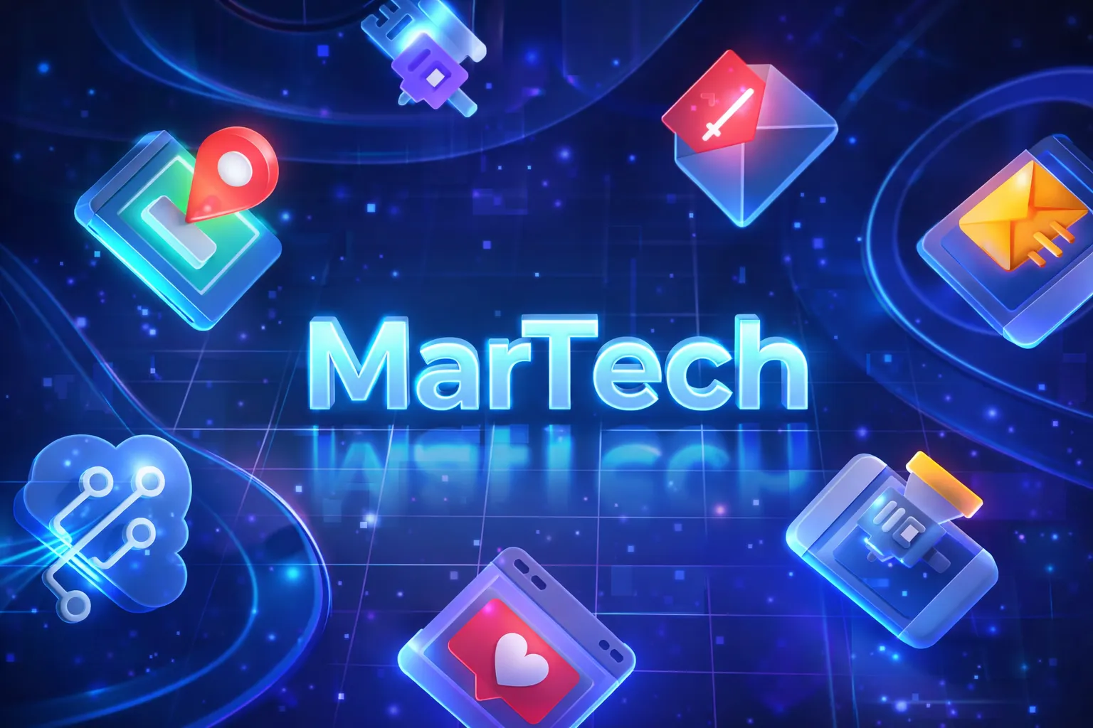 Futuristic 3D illustration with glowing blue “MarTech” text at the center, surrounded by floating holographic marketing icons like email, location, cloud, automation, and analytics on a dark, high-tech grid background.