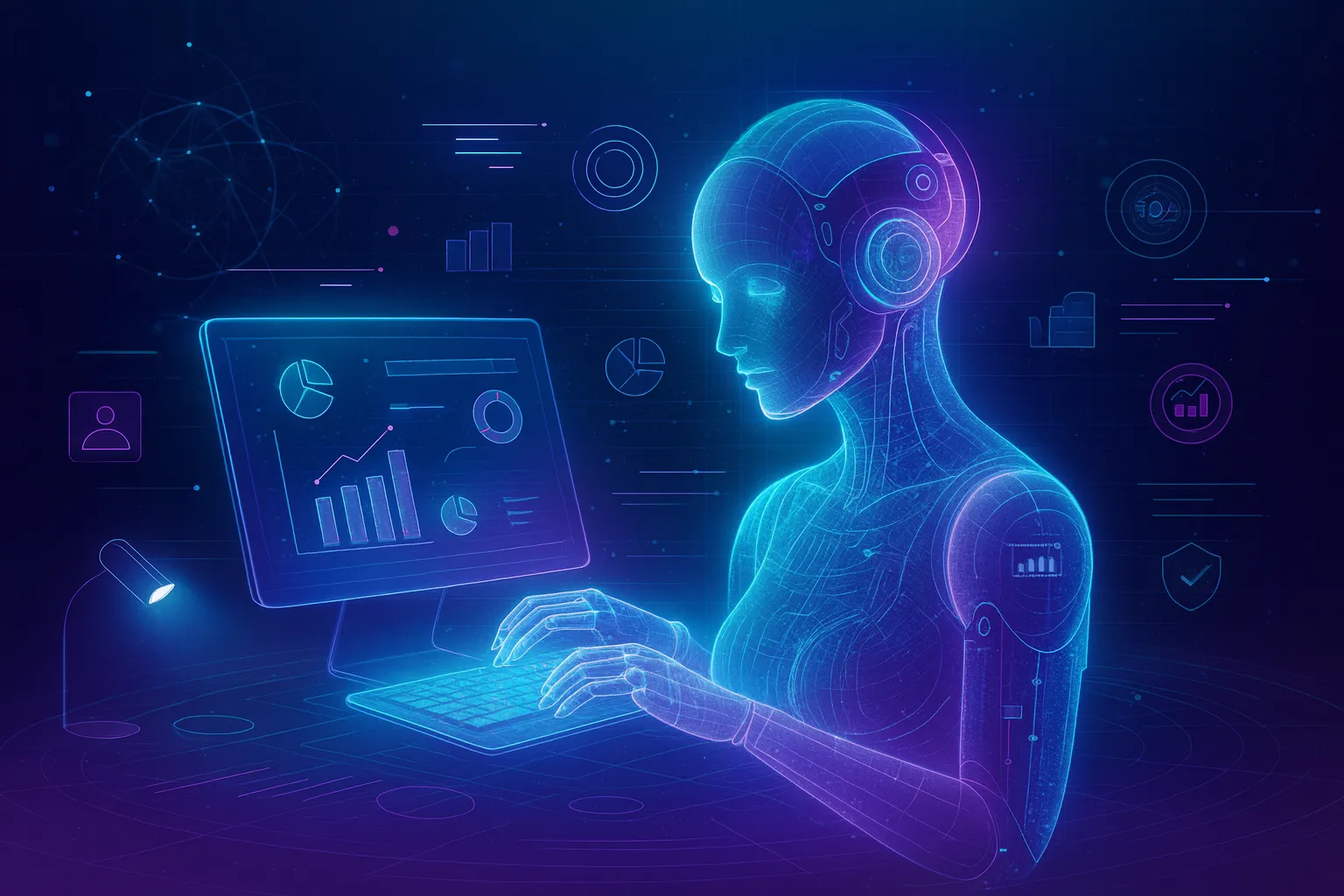 A futuristic digital illustration showing a humanoid robot interacting with a holographic laptop in a dark, tech-inspired environment. The robot’s body emits glowing blue light, and its transparent, layered surfaces give it a holographic appearance. The background is softly blurred with glowing interfaces and ambient lighting, creating a high-tech, sci-fi atmosphere.