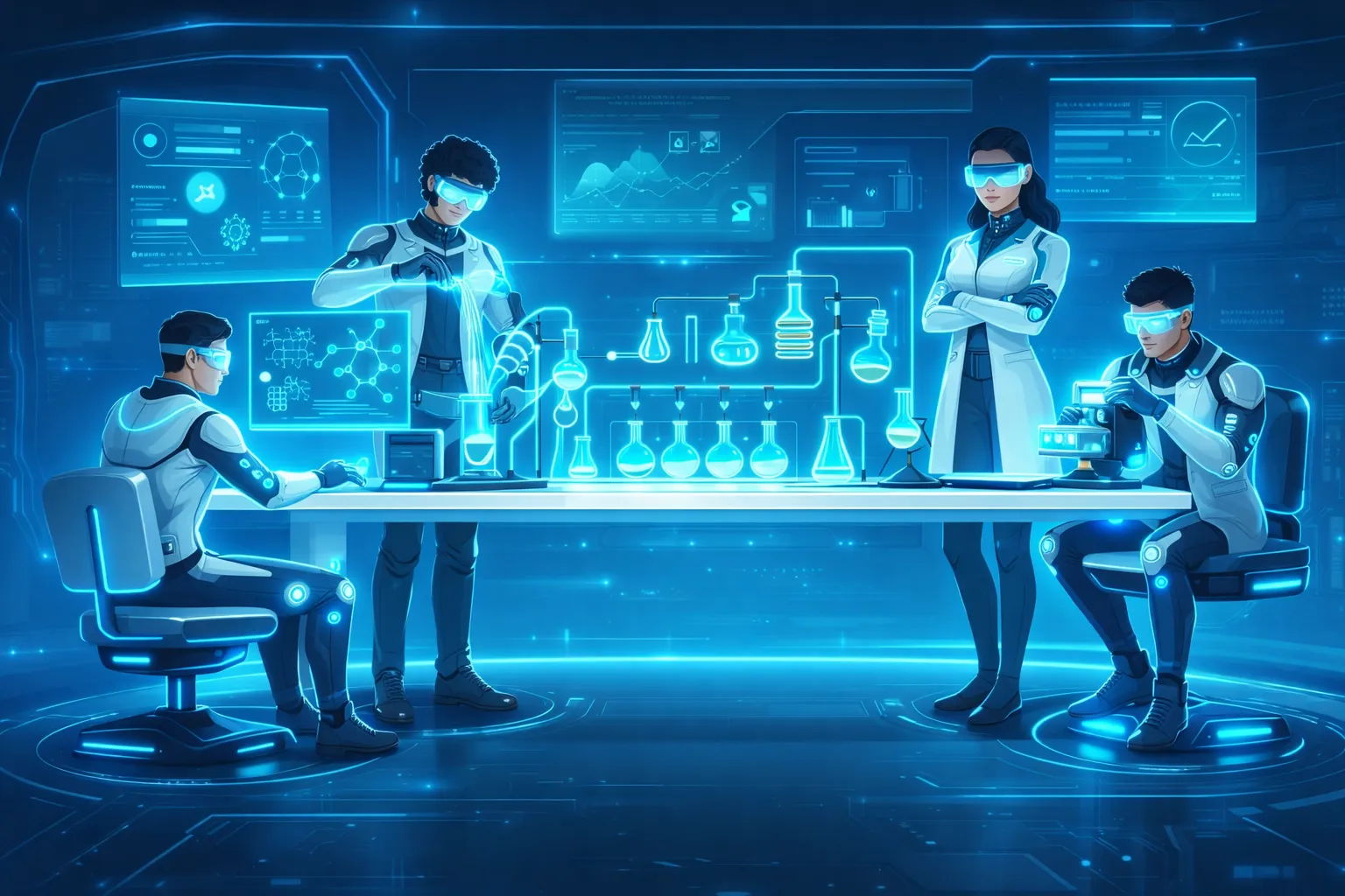 Four scientists in a futuristic, neon-lit laboratory work around a sleek white table filled with glowing glassware and holographic lab interfaces. Each researcher wears high-tech suits and illuminated visors, while blue holographic screens display molecular structures, data charts, and digital controls in the background, creating a sci-fi, technology-driven atmosphere.