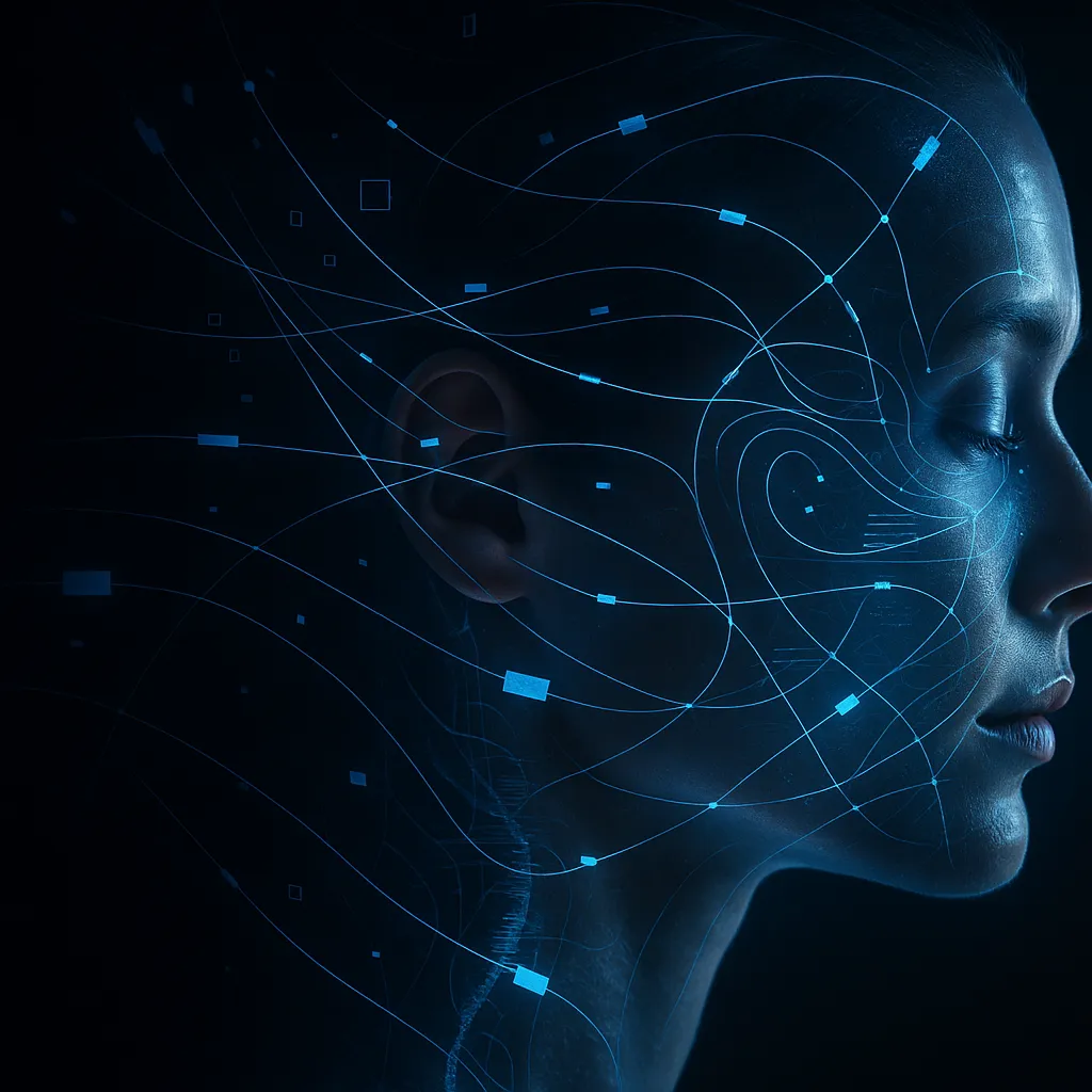A hyperrealistic digital illustration of a human face in profile, softly illuminated in blue tones against a dark background. Glowing neural lines and data nodes flow across the face, symbolizing artificial intelligence and digital connectivity. The expression is serene, with eyes closed, evoking harmony between human cognition and machine systems.