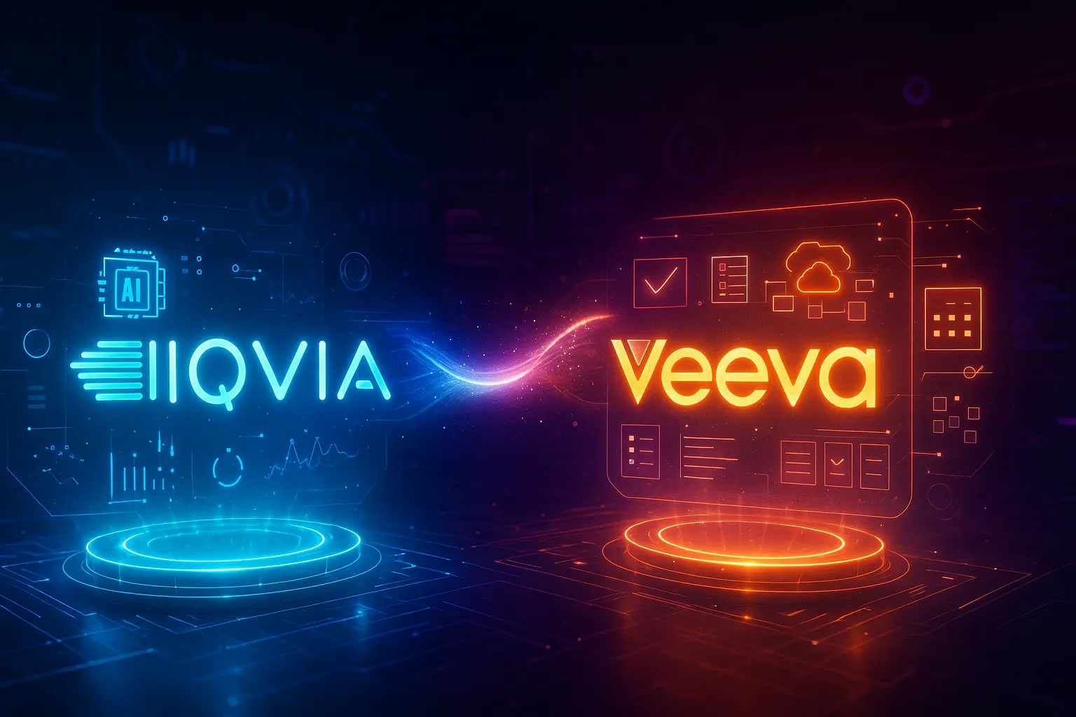 A futuristic digital illustration showcasing the holographic logos of IQVIA and Veeva floating above a glowing data surface. The IQVIA logo appears in radiant blue light with digital motion trails, while the Veeva logo glows in bright orange with a soft digital shimmer. Between them, a thin beam of white-blue light symbolizes collaboration. The background features a dark, cyberpunk-style circuit grid with flowing neon lines and ambient data particles, evoking a high-tech, connected environment. No people, no extra branding—just a sleek, holographic visualization of partnership in life sciences technology.