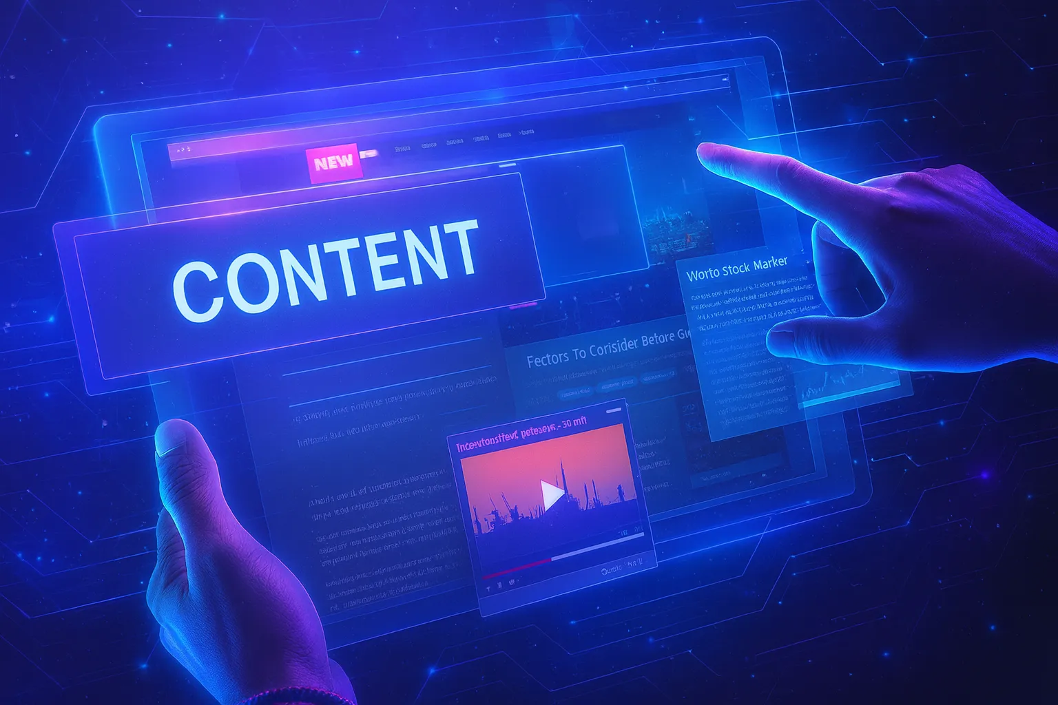 A pair of hands interacts with a glowing futuristic touchscreen interface displaying floating digital content panels, including articles, videos, and a large illuminated “CONTENT” banner. The scene uses neon blue lighting and holographic UI elements, giving the impression of advanced technology and immersive digital media navigation.