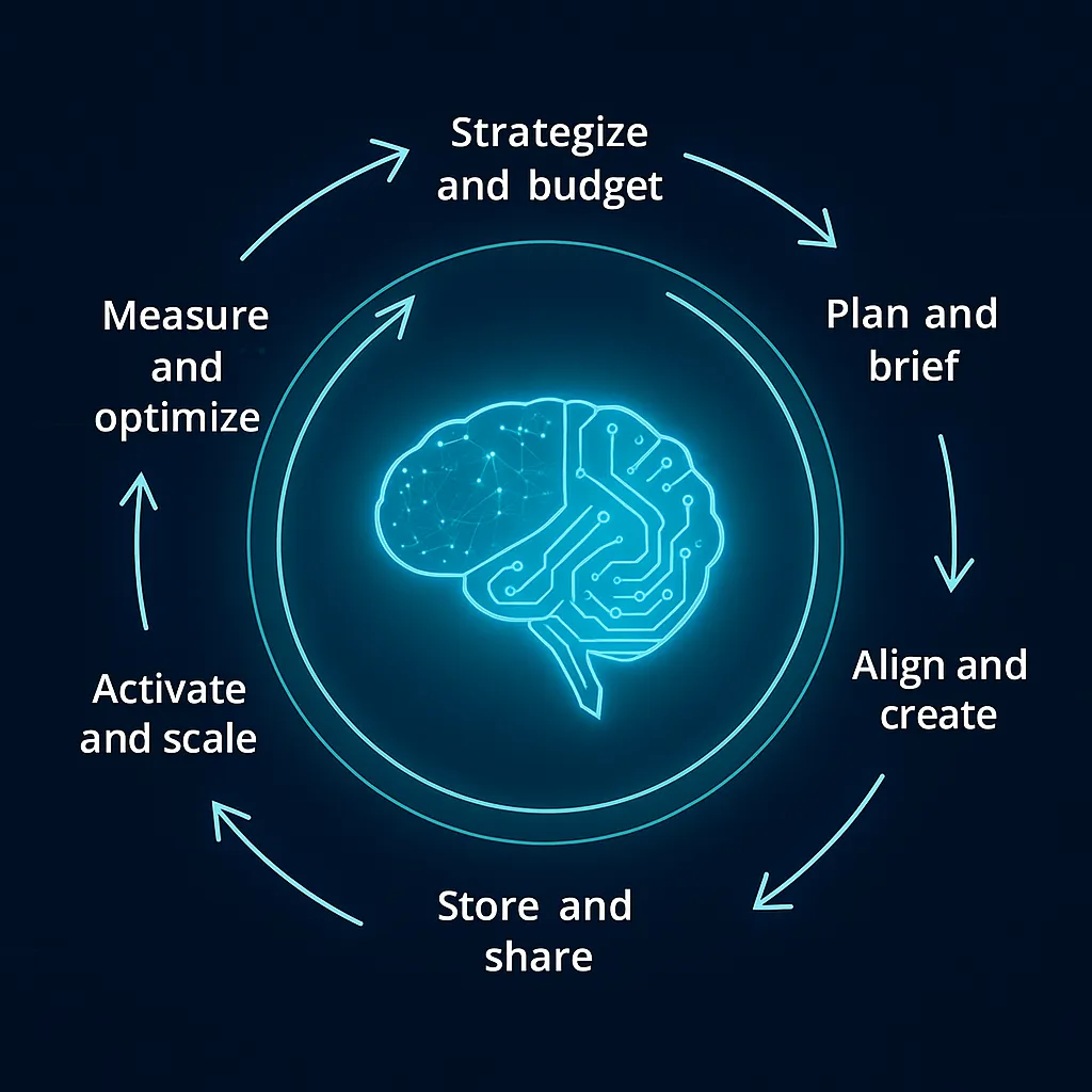 Circular digital graphic of a glowing blue brain surrounded by arrows forming a loop. Each stage in the loop represents a phase of the content or marketing process labeled as: “Strategize and budget,” “Plan and brief,” “Align and create,” “Store and share,” “Activate and scale,” and “Measure and optimize.” The design has a futuristic, tech-inspired style symbolizing AI-driven content operations.
