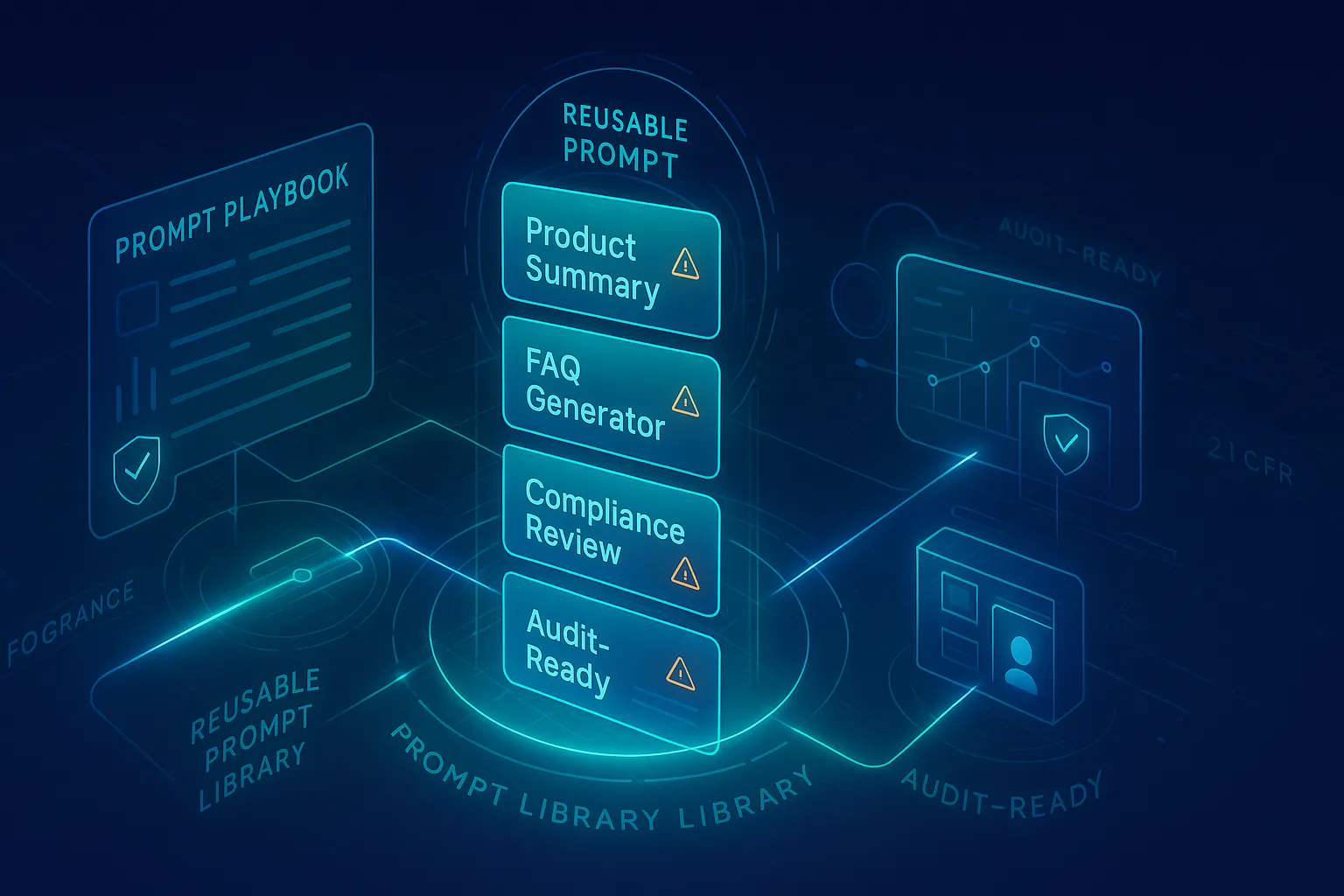 A futuristic digital interface visualizes a corporate AI prompt training environment. At the center, a glowing holographic dashboard displays layered prompt templates, syntax trees, and AI interaction flows. Around it, modular panels illustrate team collaboration, showing stylized user silhouettes feeding prompts into the system. Neon-blue data streams connect each module, symbolizing standardized workflows and cross-team consistency. The background features a sleek, dark tech environment with grid lines, circuit overlays, and soft purple accents—emphasizing control, clarity, and scalable prompt governance.