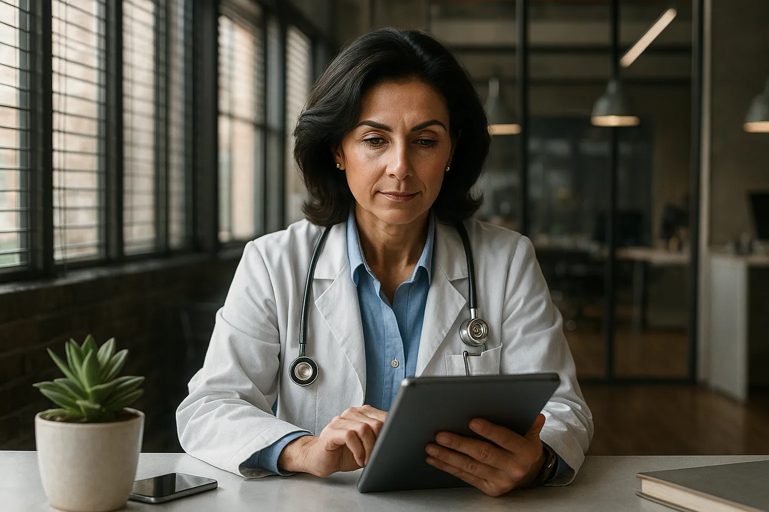 A hyperrealistic image of a female doctor in a modern office, wearing a white lab coat and stethoscope, using a digital tablet. Natural light streams through large windows, highlighting a minimalist workspace with a potted plant and smartphone on the desk. The scene conveys focus, professionalism, and digital innovation in healthcare.