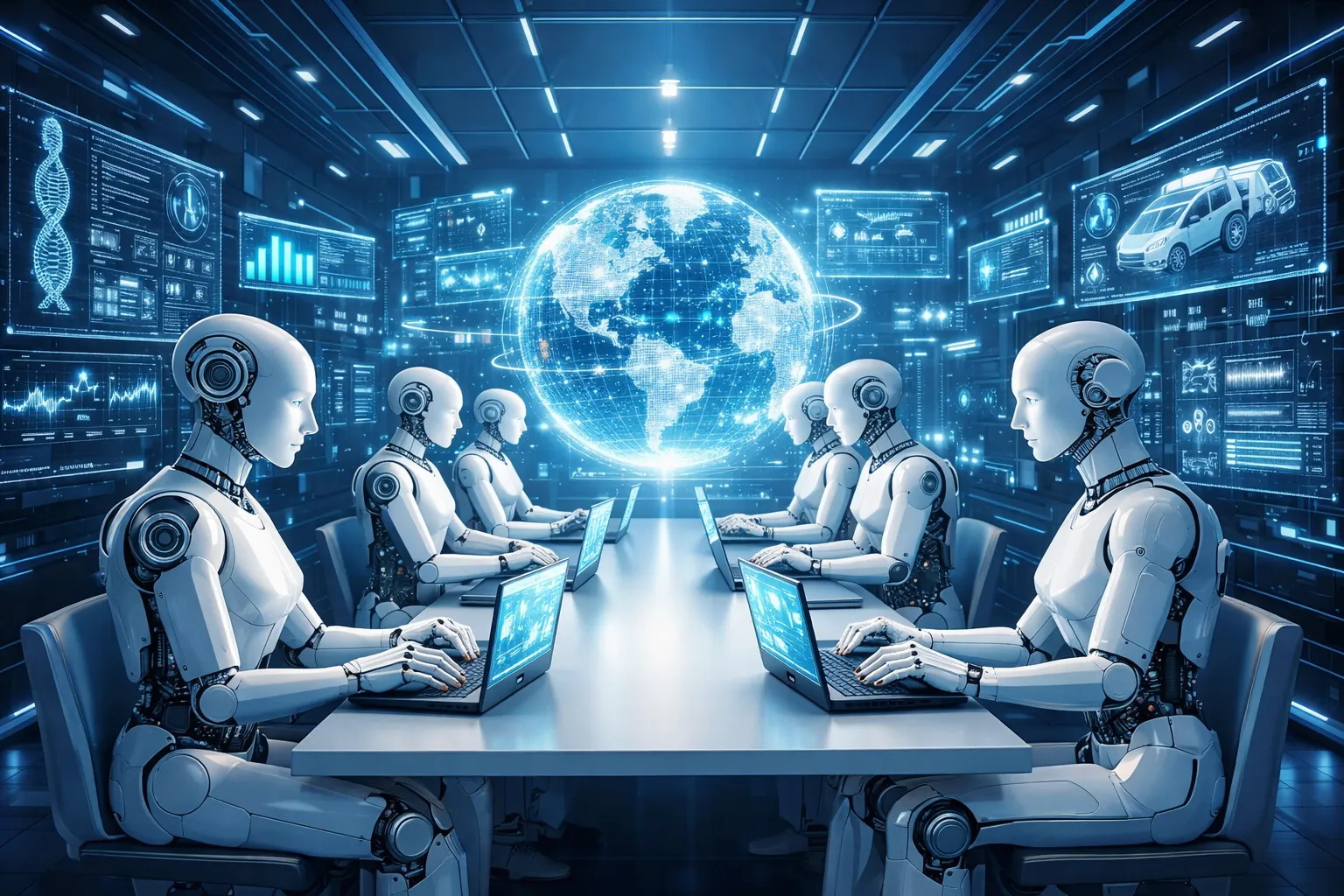 Six humanoid robots sit across from each other at a long table in a futuristic control room, typing on laptops surrounded by glowing blue data screens and a large holographic globe hovering in the center.