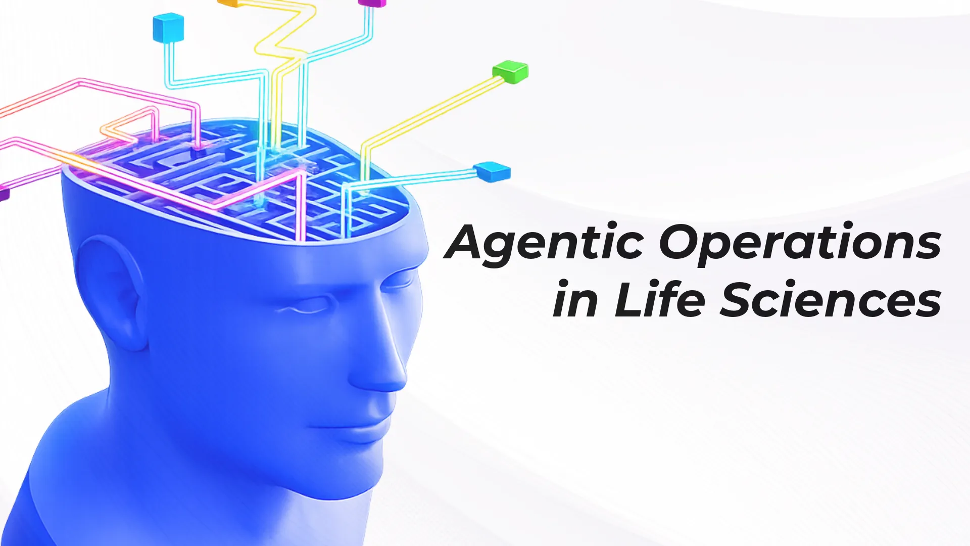 Blue 3D human head with an open top revealing a maze-like brain, connected to colorful glowing data lines and nodes, alongside the text “Agentic Operations in Life Sciences” on a clean white background.