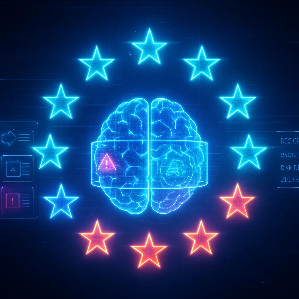 A futuristic holographic rendering of the European Union (EU) flag, featuring twelve glowing stars arranged in a circle. The stars emit a soft neon yellow light with subtle cyan outlines, hovering against a dark blue background enhanced with faint digital grid lines and a shimmering light field, giving the entire composition a high-tech, holographic appearance.