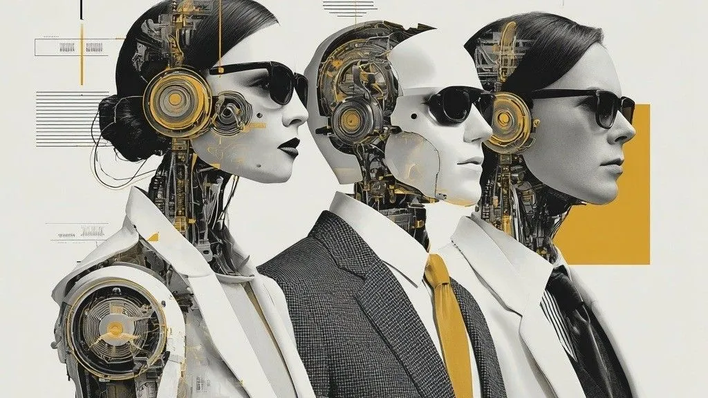 Three futuristic humanoid robots stand side by side in profile, designed with sleek white and metallic components. Their heads reveal intricate mechanical structures and circuitry, with circular gold-toned mechanisms near the ear area resembling advanced processors. Each figure wears modern professional attire such as a suit jacket or sunglasses, blending human fashion with robotic design. The background is minimalist with geometric elements and gold accents, reinforcing a clean, high-tech aesthetic that suggests AI-driven professionals or digital workers.