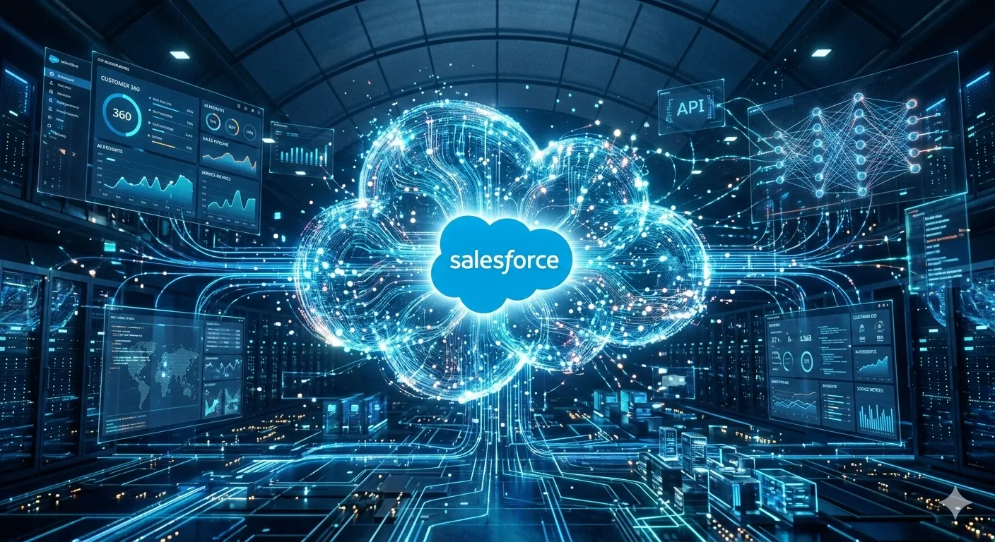 Futuristic visualization of a Salesforce Data Cloud at the center of a digital data network, surrounded by glowing data streams, dashboards, API connections, and holographic analytics interfaces in a high-tech environment.