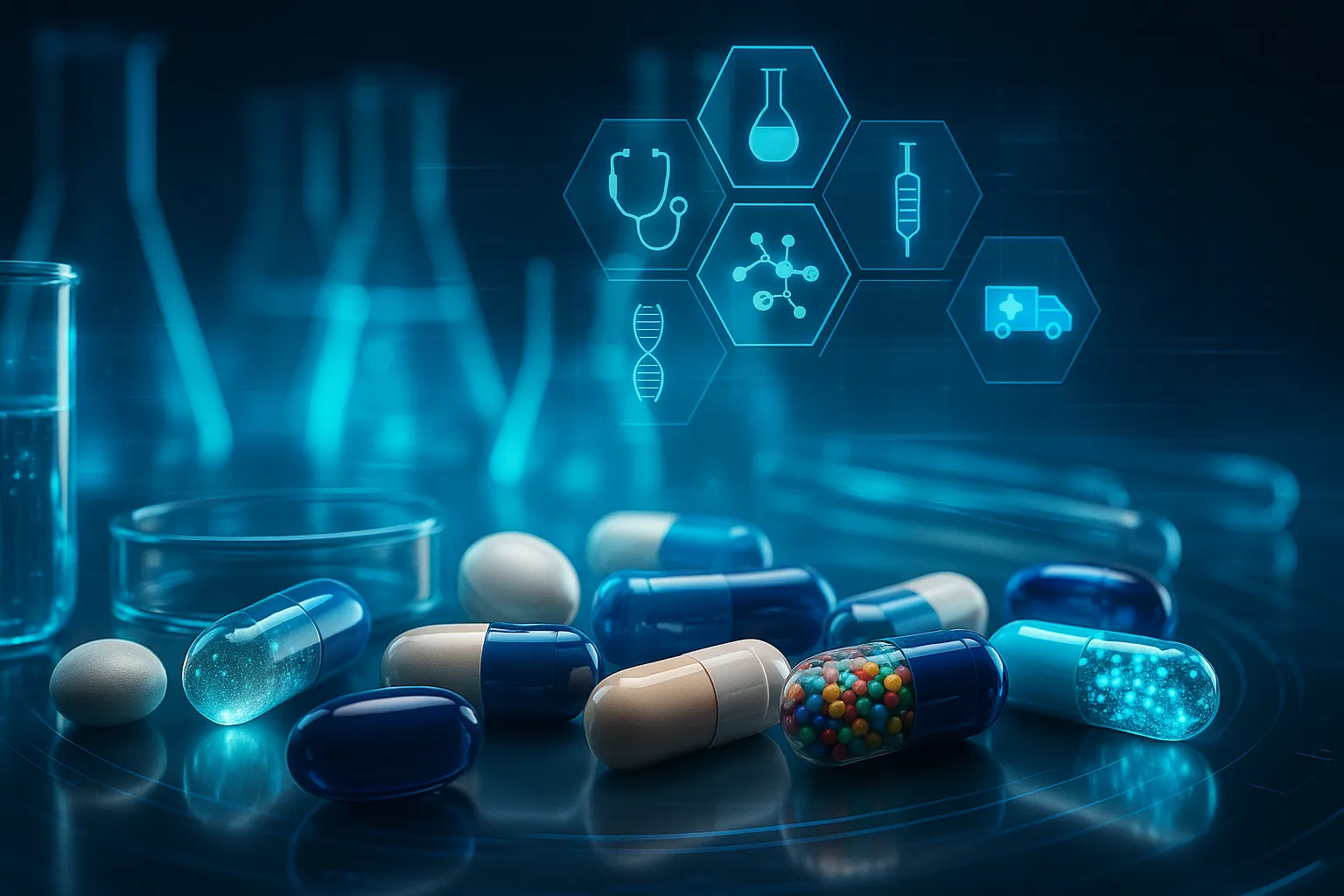 A hyperrealistic digital rendering of various pharmaceutical pills and capsules in shades of blue, white, and teal, scattered across a reflective lab surface. Behind them, transparent glass test tubes and vials are arranged in soft focus. Overlaying the background are glowing hexagonal medical and science icons, including a stethoscope, molecular structure, test tubes, and a syringe—conveying a futuristic, tech-driven pharmaceutical environment.