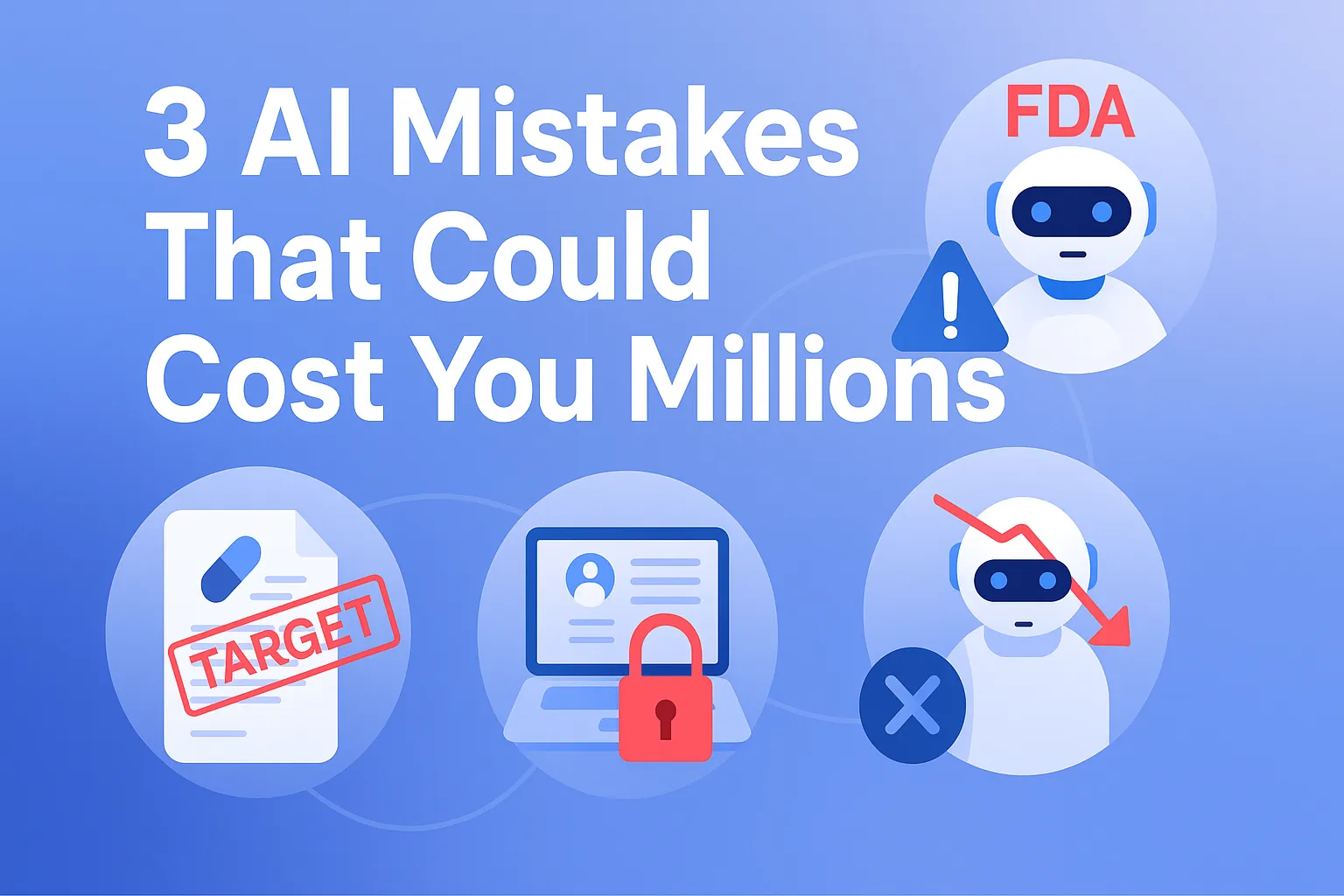 Digital illustration titled “3 AI Mistakes That Could Cost You Millions.” The image features bold white text on a blue gradient background. Surrounding the title are three circular icons: one shows a medical document stamped “TARGET,” another shows a locked computer screen to represent data privacy, and the third shows a robot with a downward red arrow and an “X,” representing reputational damage. A fourth icon shows a robot with “FDA” above it and an exclamation warning symbol—highlighting regulatory risk.