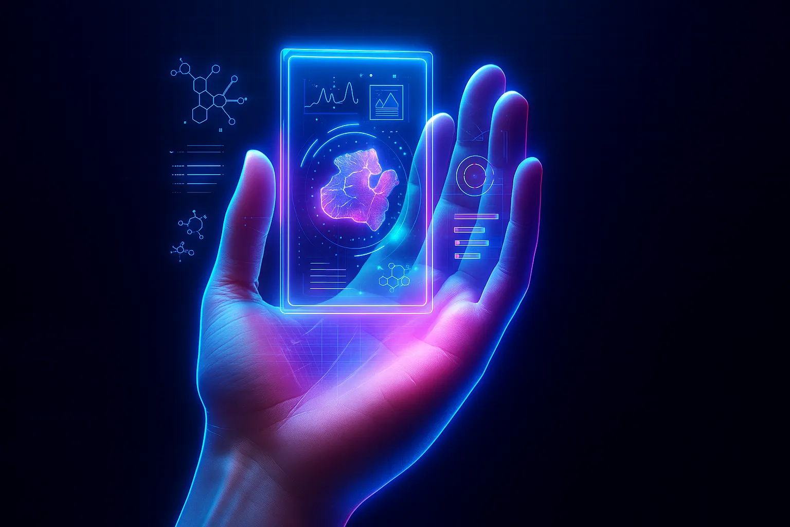 A futuristic digital illustration of a human hand holding a glowing holographic glass slide. The slide displays a magnified pink and purple tissue sample surrounded by neon-blue interface elements, including molecular structures, charts, and scan lines. The hand is illuminated with a soft neon rim light, set against a dark gradient grid background, evoking a sci-fi medical lab visualization.