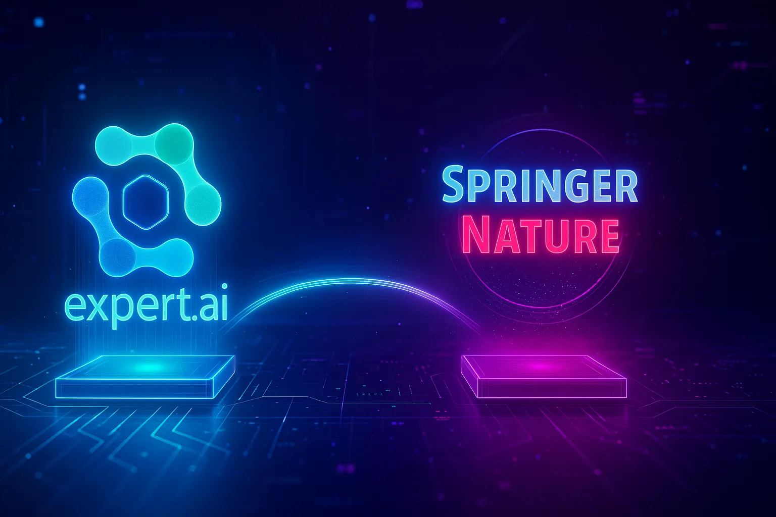 A futuristic digital illustration showing the Expert.ai and Springer Nature logos as glowing holograms. The Expert.ai logo floats on the left in shades of teal and blue, while the Springer Nature logo hovers on the right in red and navy light. A luminous arc of data connects the two, symbolizing AI-driven collaboration. The dark cyberpunk background features neon grid lines, floating code, and ambient holographic effects, evoking a high-tech, intelligent environment.