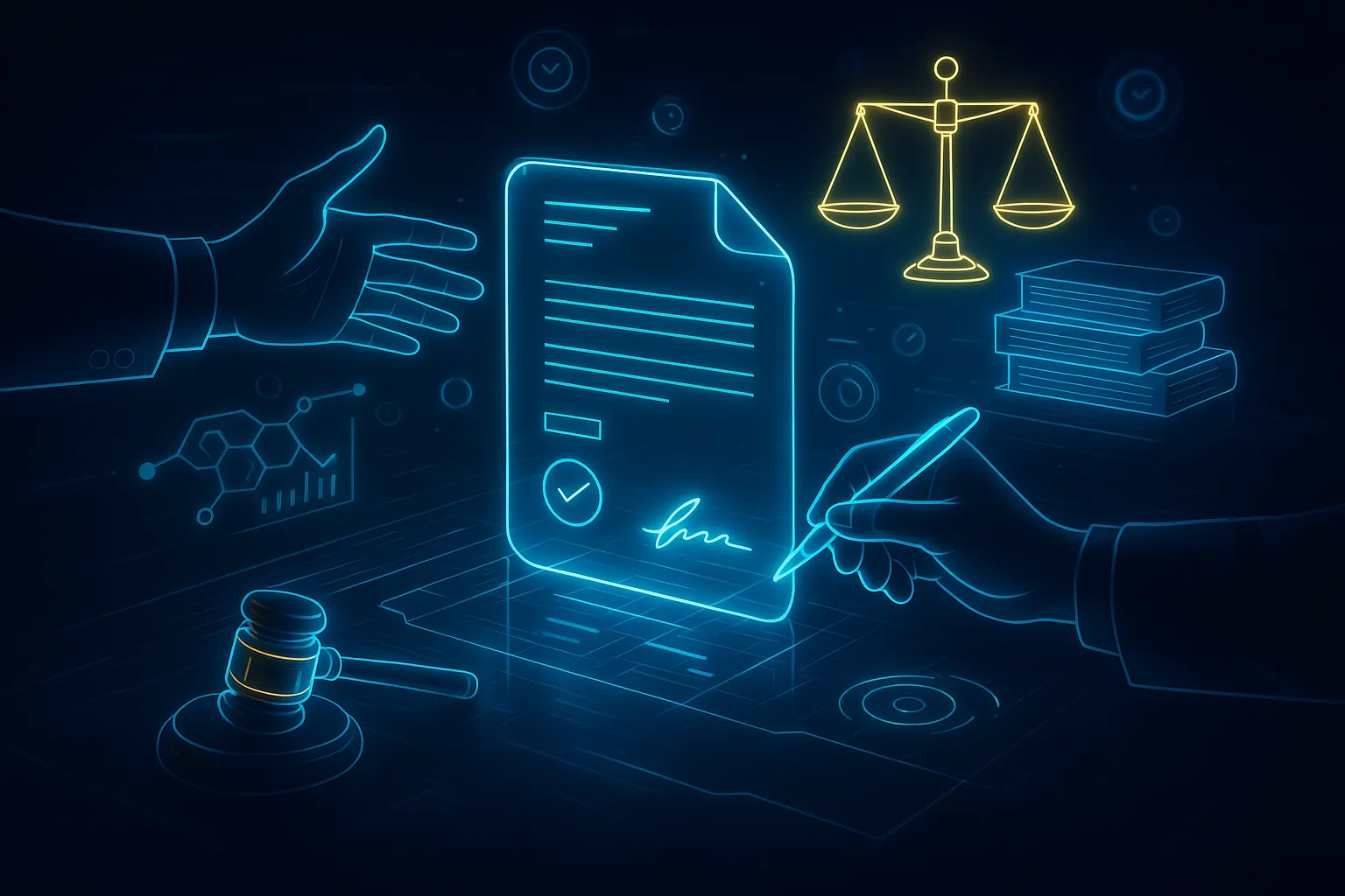 Futuristic digital illustration of a holographic contract being signed on a glowing desk. One hand holds a neon-blue stylus while the other gestures mid-discussion. Floating elements include a digital Scales of Justice, stacks of glowing legal books, a tech-inspired gavel, and UI-style approval icons—rendered in a cyberpunk style with neon blue and gold accents against a dark background.