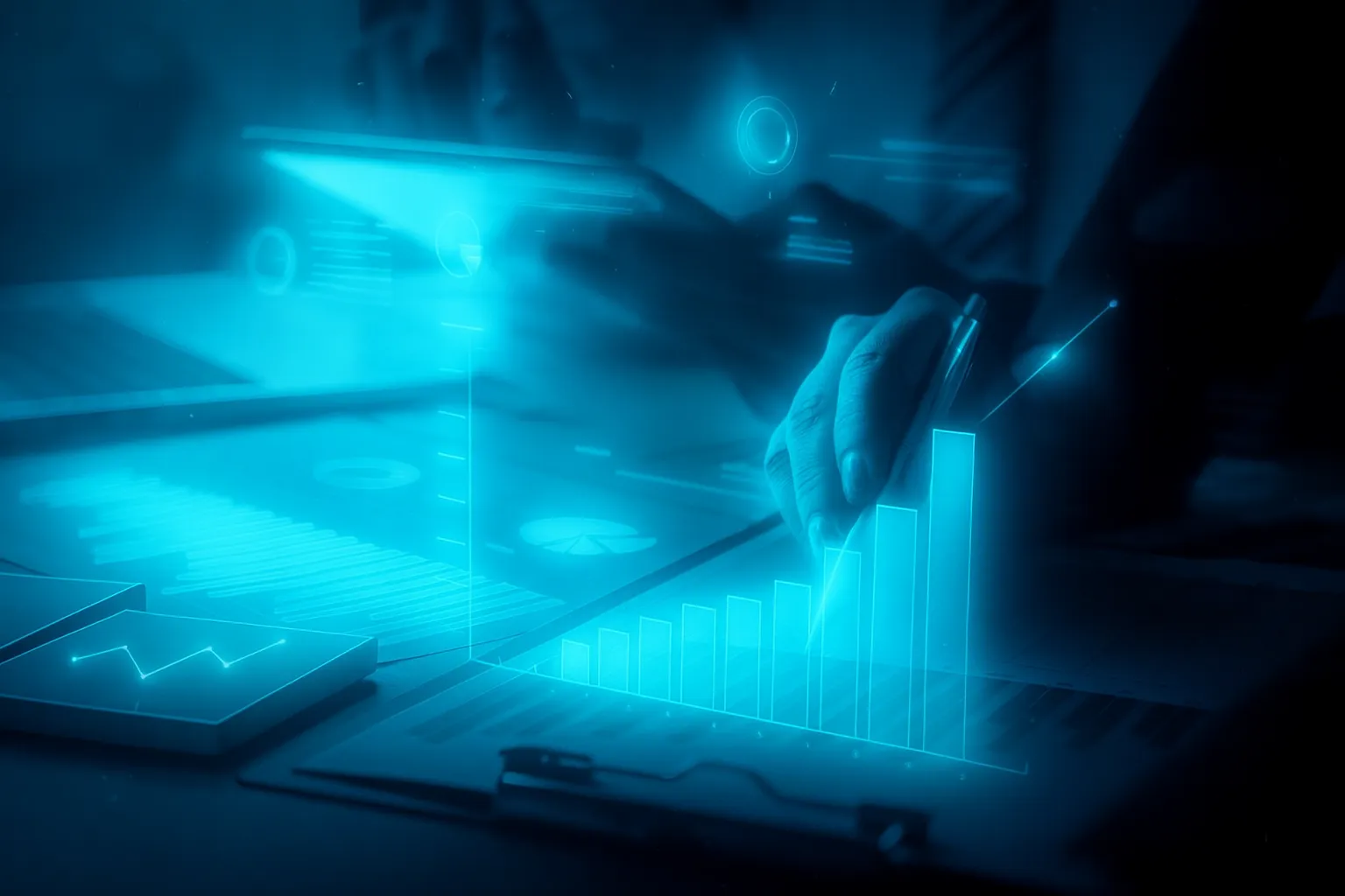 Futuristic holographic scene showing professionals in a dimly lit office using glowing blue data interfaces. A hand holds a stylus above a holographic bar graph, while a transparent tablet displays digital charts and circular data projections. The environment features a sleek, tech-driven design, emphasizing advanced analytics and real-time planning.