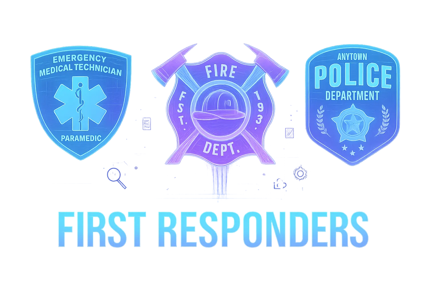A futuristic holographic illustration featuring three glowing neon badges representing first responders. From left to right: a blue Emergency Medical Technician (Paramedic) shield, a purple Fire Department emblem with crossed axes, and a blue Police Department badge. Beneath them, the words “FIRST RESPONDERS” glow in bright blue digital lettering. The background is dark with subtle light gradients and data-like reflections, giving the scene a high-tech, cinematic appearance.
