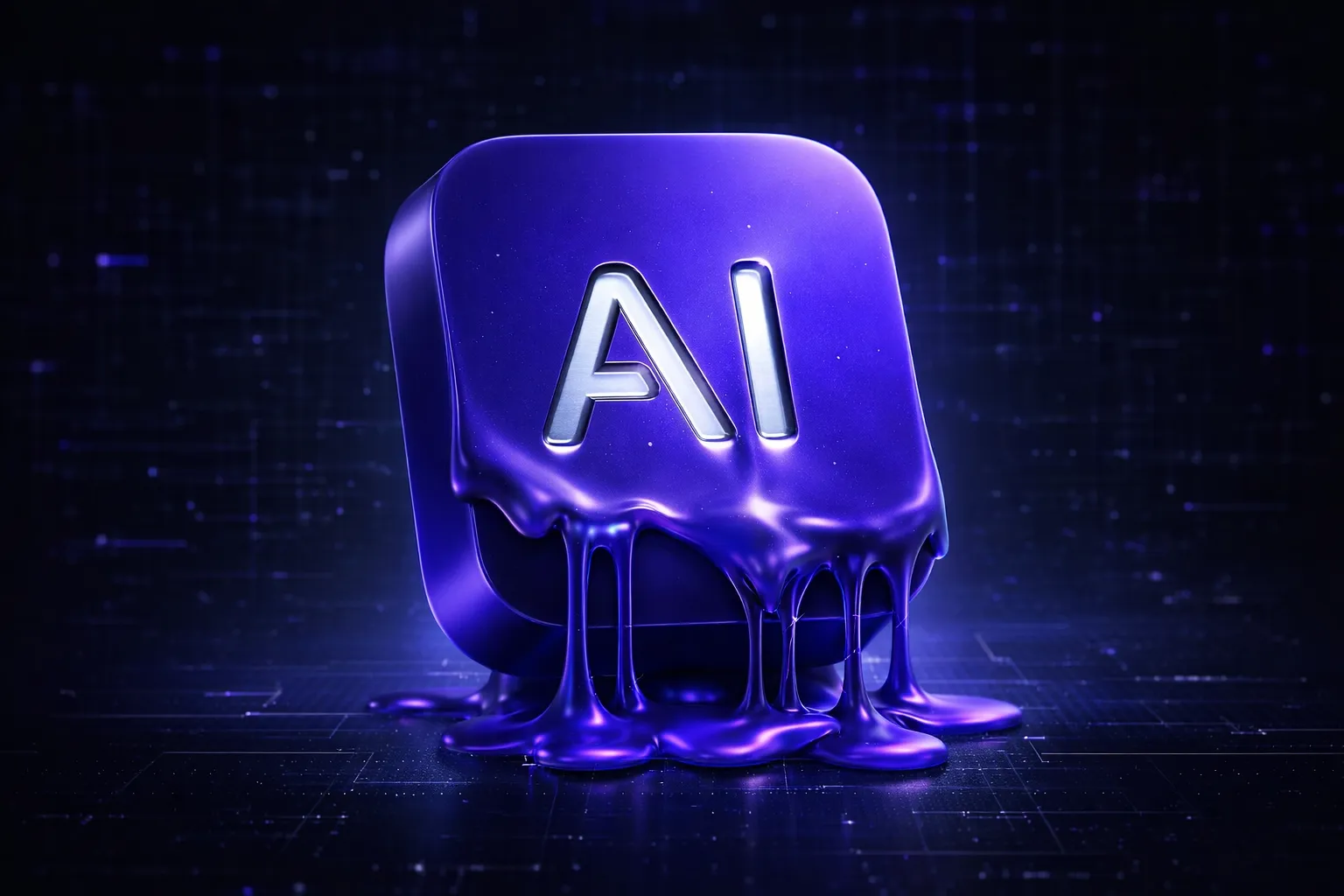 3D render of a glossy purple app icon with the letters “AI” in metallic white, partially melted with smooth drips flowing downward, set against a dark futuristic background with subtle digital grid patterns and blue neon lighting.
