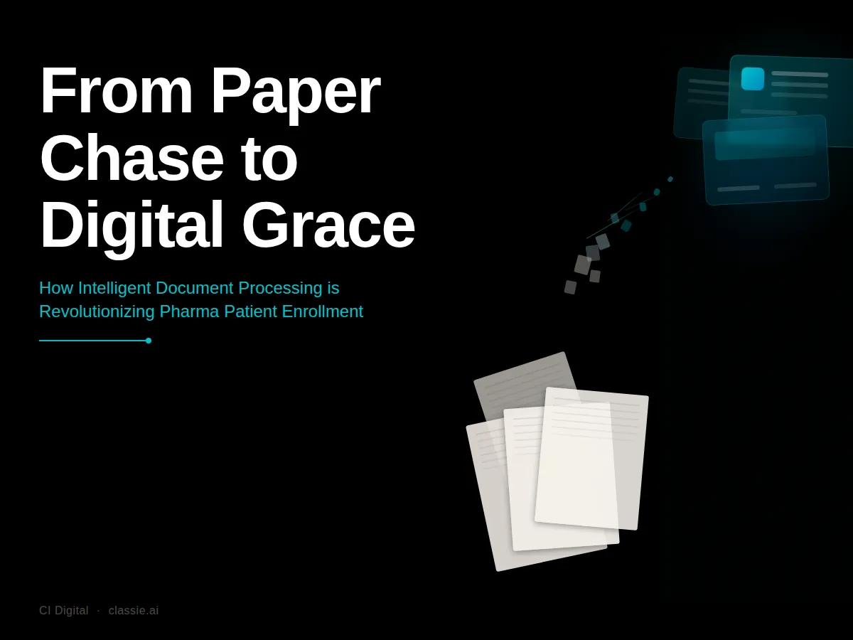 Scattered paper documents transition into sleek digital interface cards through dissolving particles on a black background, illustrating how intelligent document processing is transforming pharma patient enrollment.