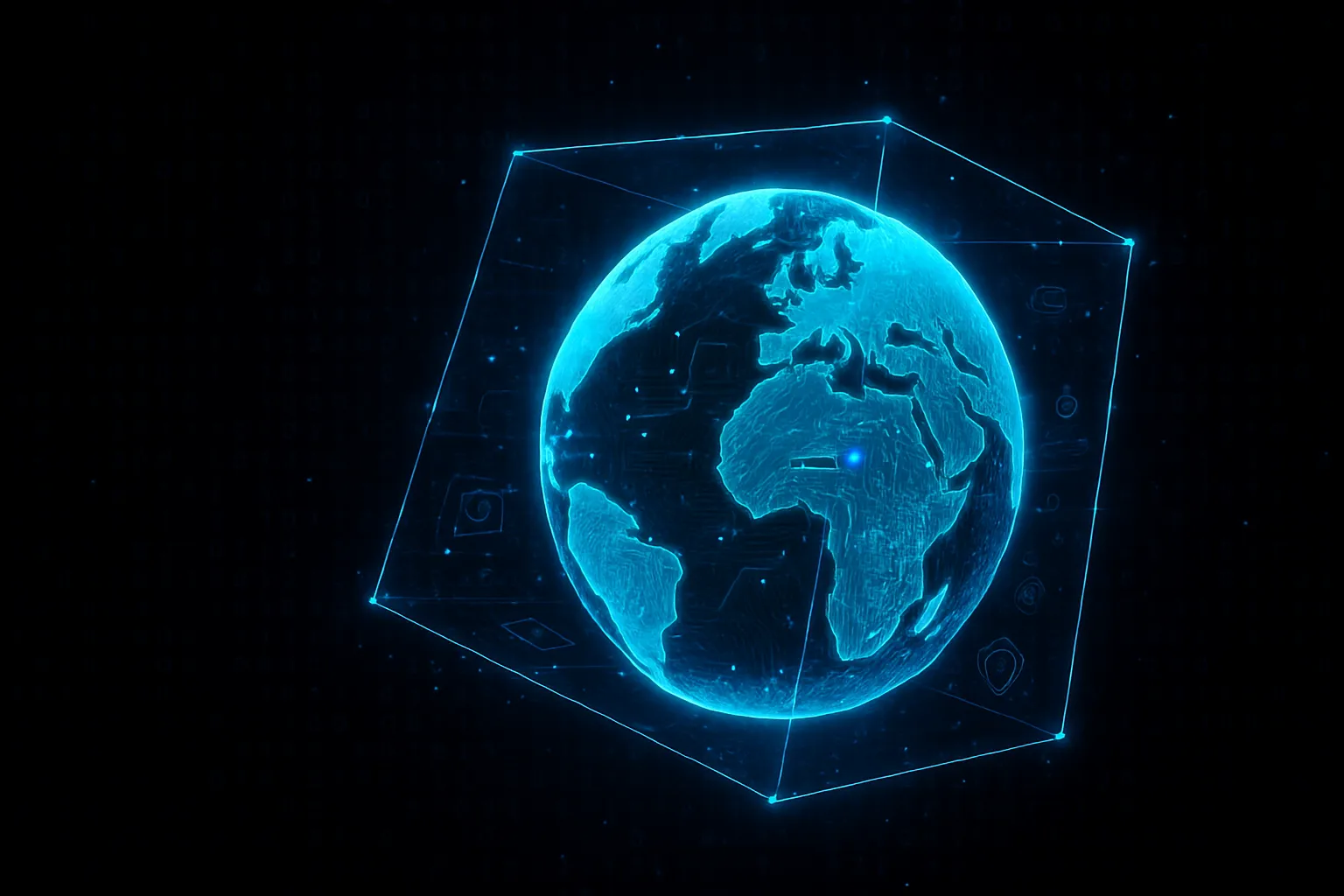 Picture of a black background with a futuristic globe held within a cube